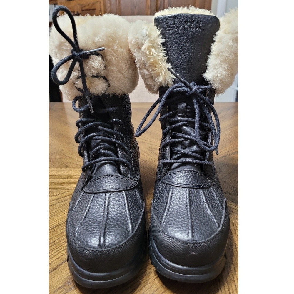 Lauren Ralph Lauren Quinta Black Leather Faux Fur Lined Duck Boots 6.5B 0862 G10